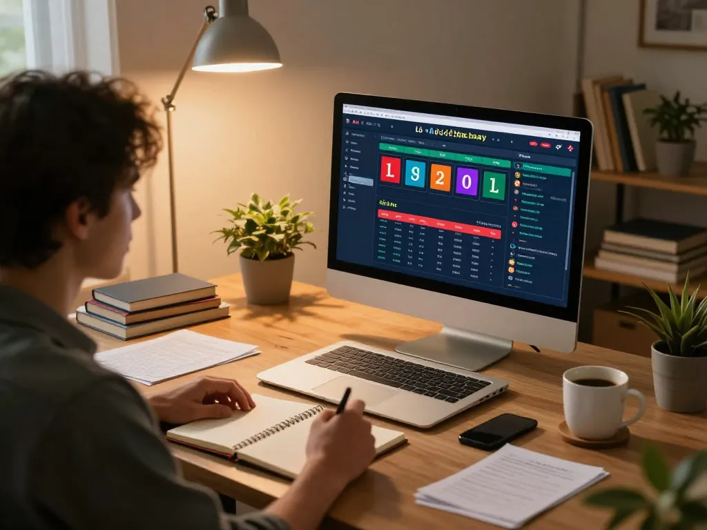 Engaging home gambler analyzing lô đề hôm nay betting strategies on laptop.