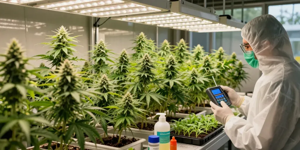 Indoor cannabis grower inspecting female cannabis genetics under grow lights.