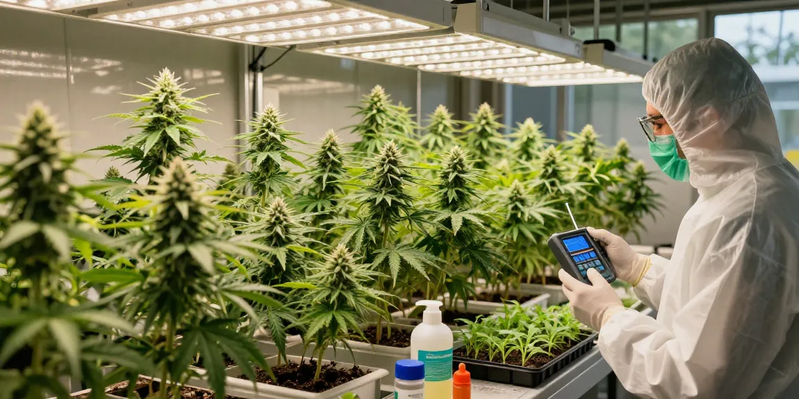 Indoor cannabis grower inspecting female cannabis genetics under grow lights.