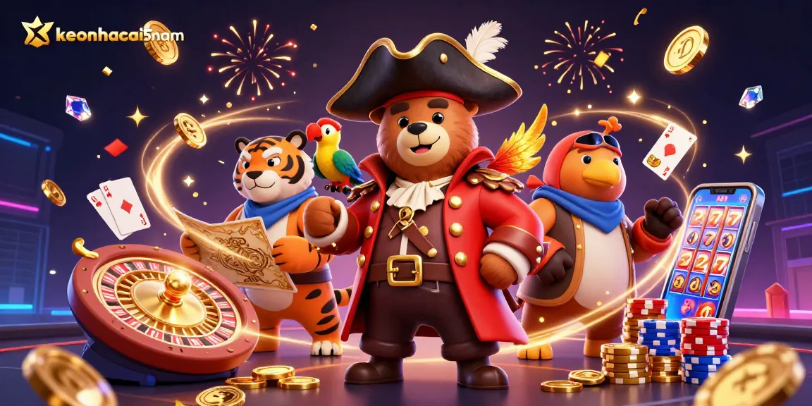 Engage in exciting sports betting action with keonhacai5nam featuring animated pirate captain bear and friends.