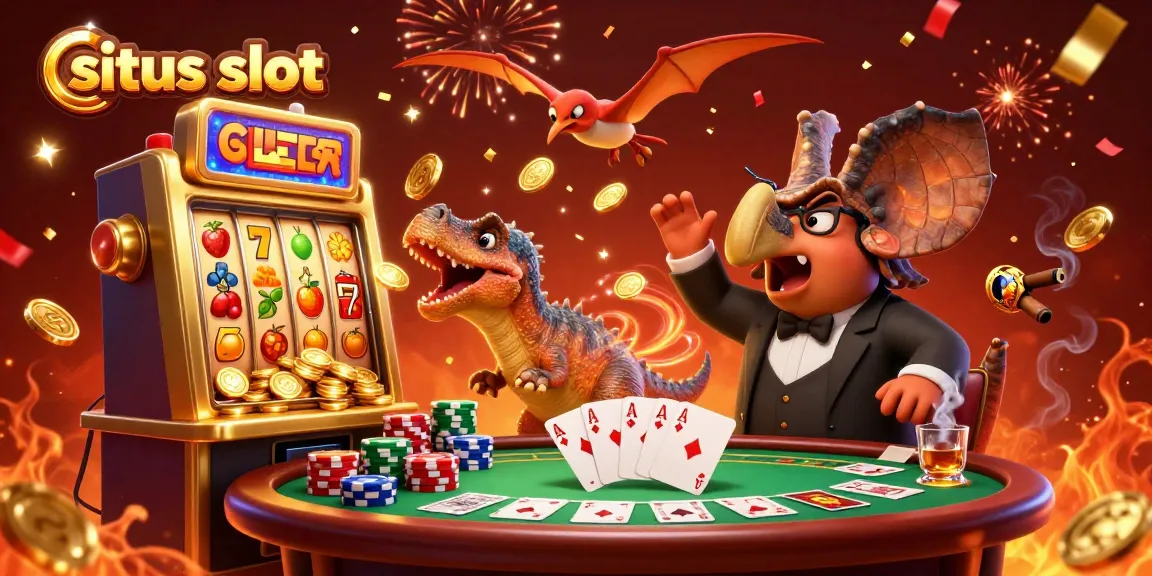 Situs slot cartoon illustration of a pachycephalosaurus triggering a jackpot at a golden slot machine, with flying coins.