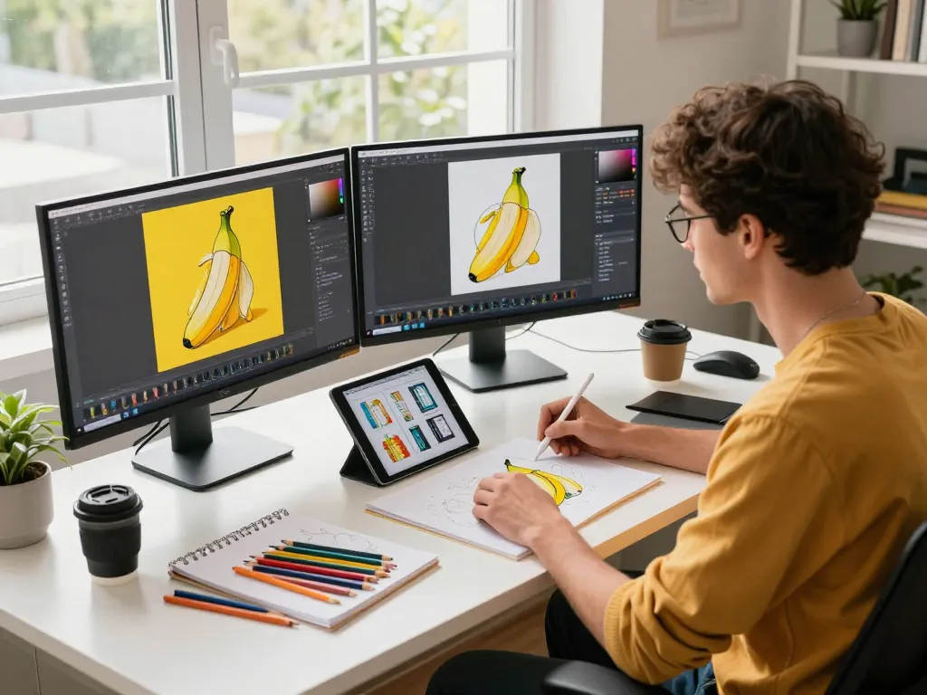 Creative workspace showcasing a digital artist using nano banana AI editor to generate stunning visuals.