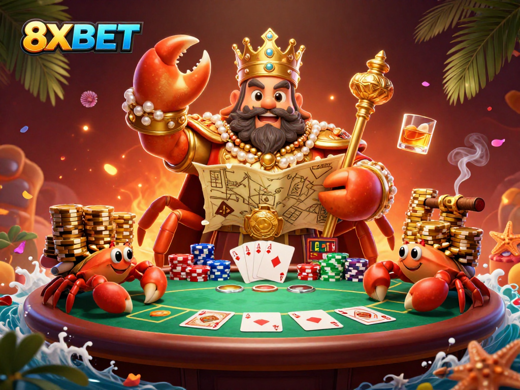 Engage with the thrilling world of 8XBET at a vibrant casino scene featuring a majestic golden crab.