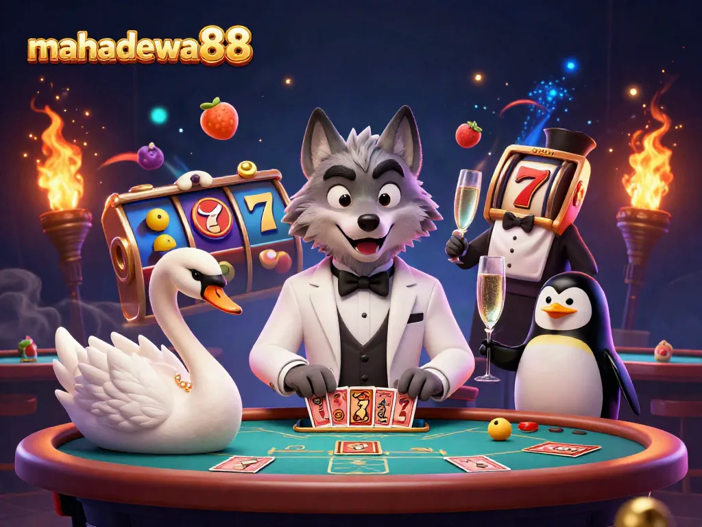 Experience mahadewa88 with thrilling 3D slot reels and characters in an exciting casino scene.