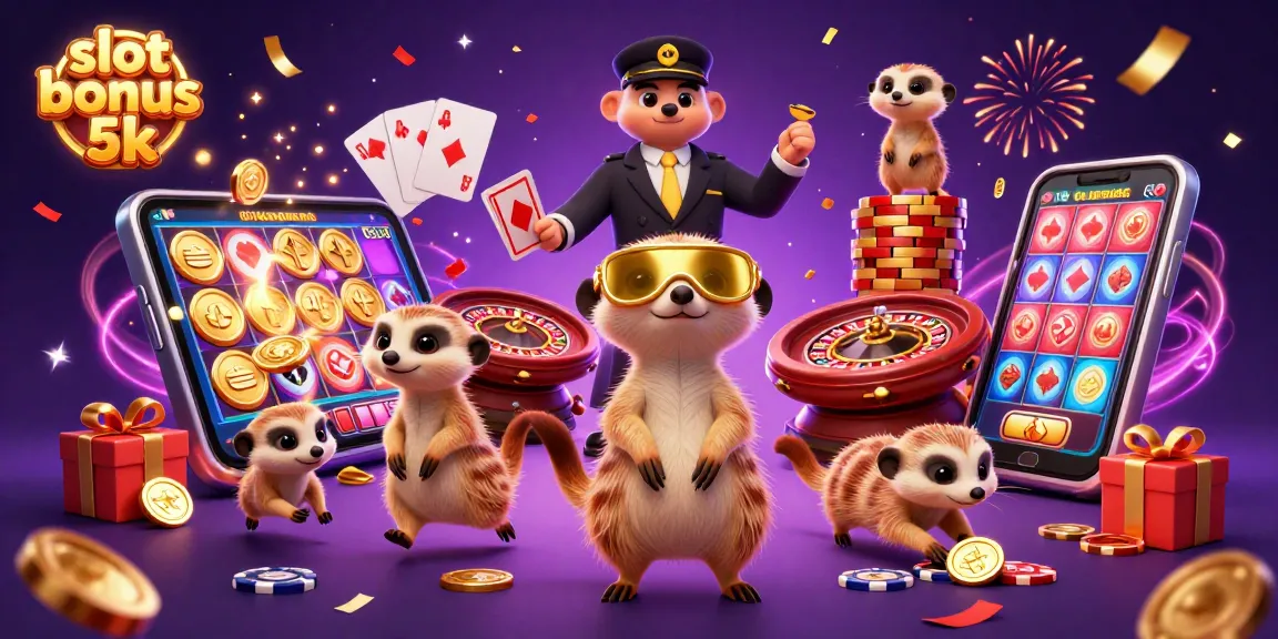 Engage with the slot bonus 5k through a lively meerkat casino scene filled with colorful gaming elements.
