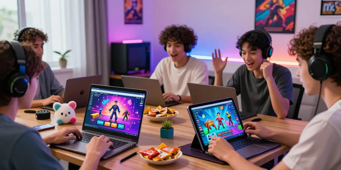 Exciting setting showcasing players enjoying free porn games on multiple devices in a colorful, inviting environment.