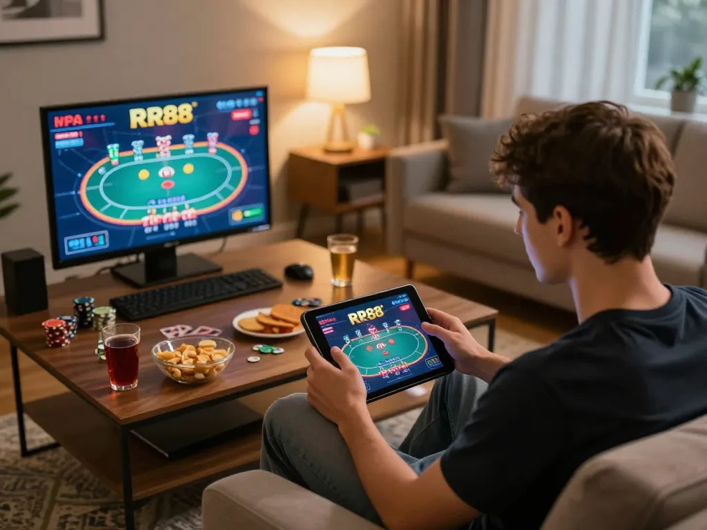 Engaging online gaming scene featuring RR88, showcasing a player intensely focusing on a poker game on their tablet.