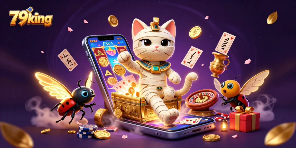 Experience thrilling gameplay with 79king in a vibrant 3D casino scene featuring a mummy cat.