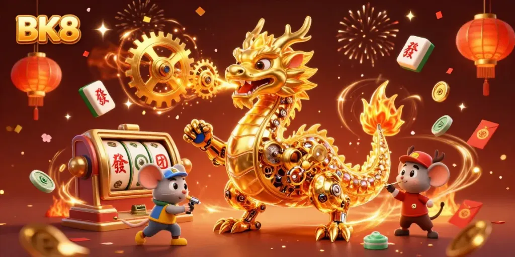 Catch the thrilling action at BK8 with a golden dragon and slot reels in vibrant casino art.