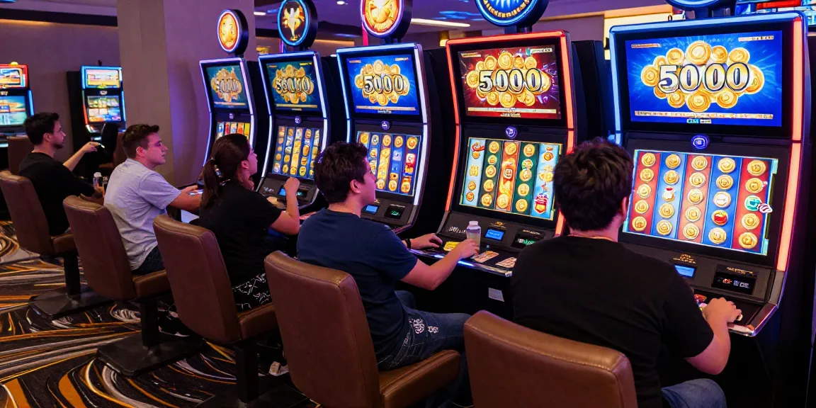 Exciting gaming scene featuring players enjoying slot depo 5000 games with vibrant screens and lively atmosphere