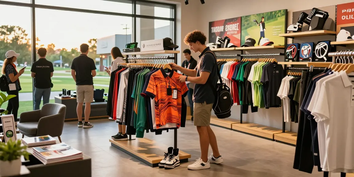 Shopper examining 골프웨어 레플리카 in trendy urban retail space, vibrant colors and stylish decor.