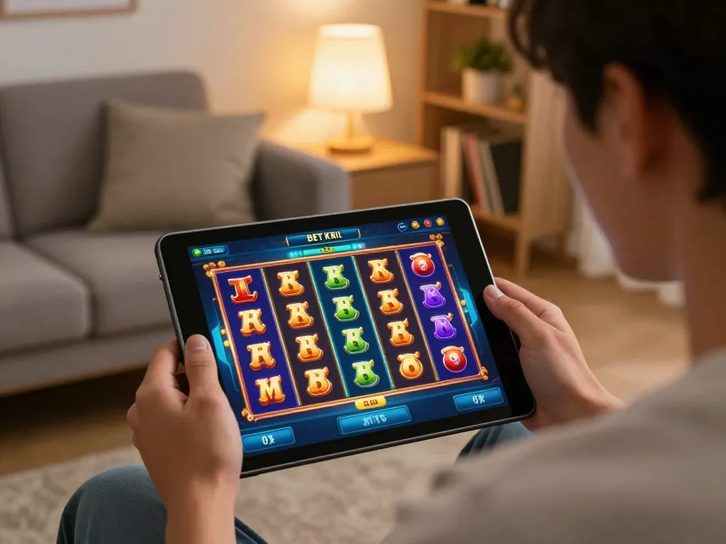 Enthusiastic player engaging in an online slot bet kecil on a tablet, cozy home setting.