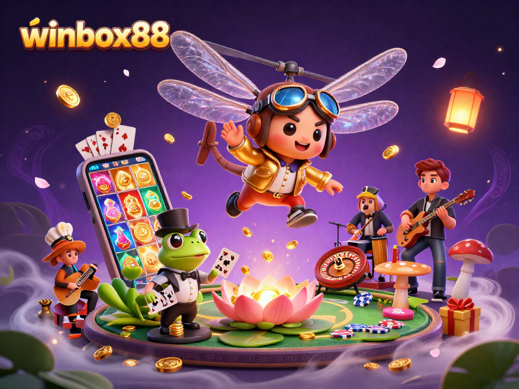 Engage with dynamic Winbox88 slots as a dragonfly pilot and frog dealer create a vibrant casino scene.