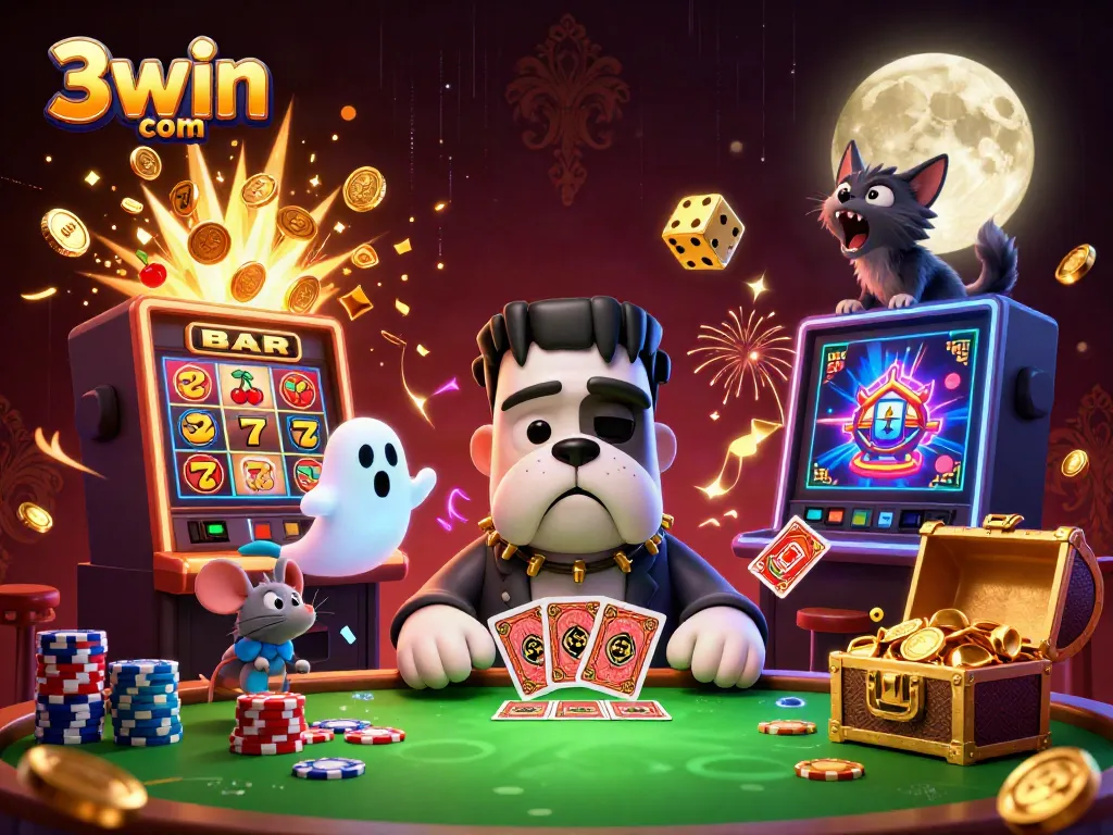Experience thrilling casino action at 3win com with a vibrant scene of gaming characters and jackpots.