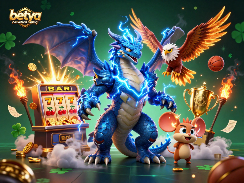 Engage in betya basketball betting with dynamic 3D characters, basketballs, slots, and vibrant visuals.