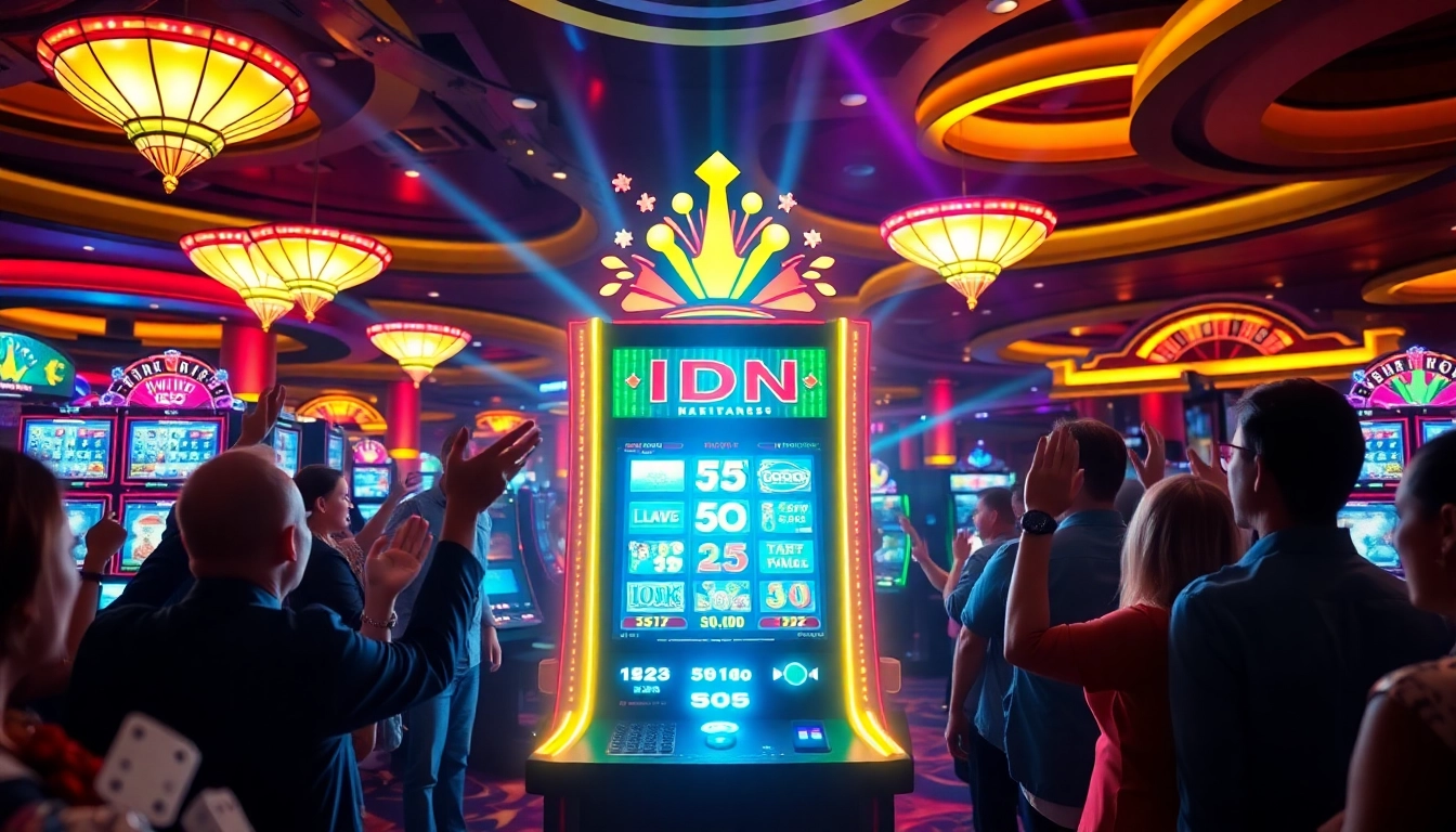 Players enjoying the idn slot machines in a vibrant casino atmosphere, hitting jackpots with excitement.