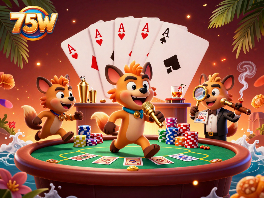 75W: Promova diversão em um clube de cassino com hiena comediante e mesa de pôquer vibrante.