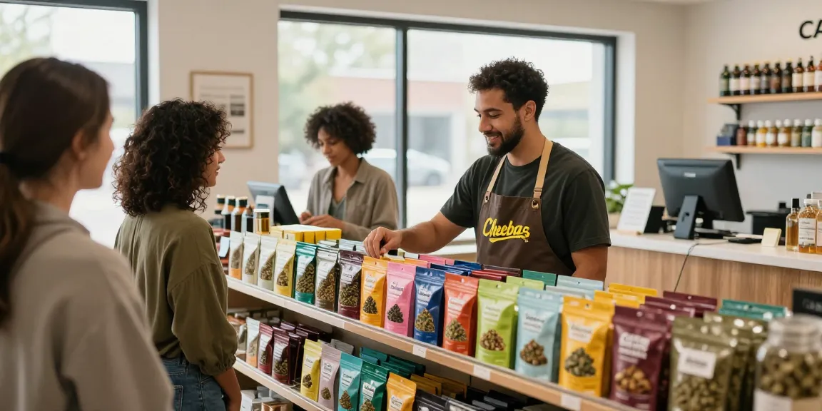 Engaging cannabis dispensary scene featuring diverse customers exploring import hash flavors like 'Cotton Candy' and 'Root Beer.'