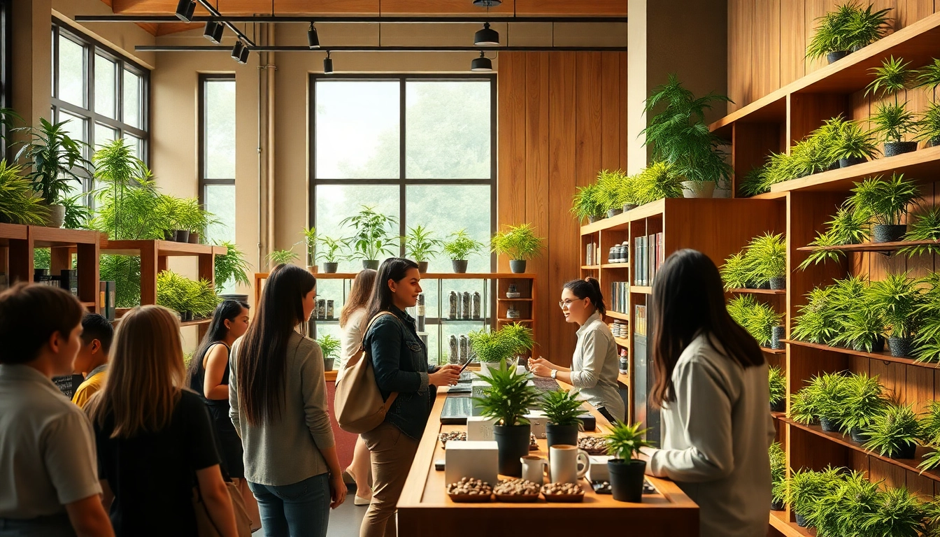 A bustling cannabis online shop showcasing products and a friendly environment.