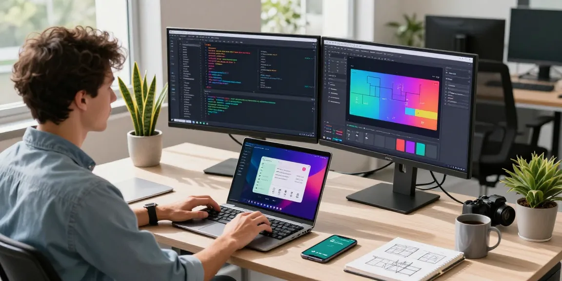 Developer working on gb whatsapp apk in a modern office environment with code on screens and design tools.