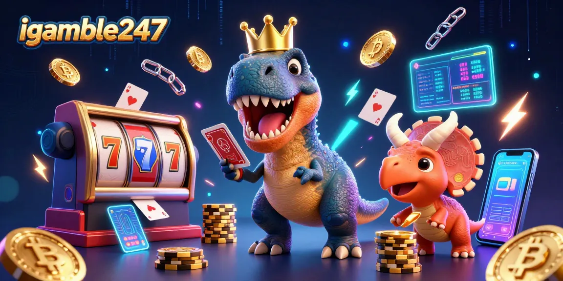 Permainan kasino igamble247 dengan T-Rex, pterodactyl, dan triceratops yang menang dengan chip emas.