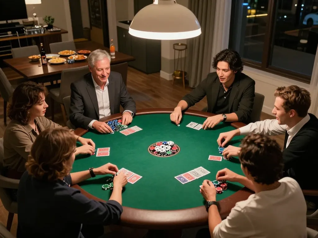 Players enjoying a lively poker game at home on trang chủ sc88 with chips and cards visible