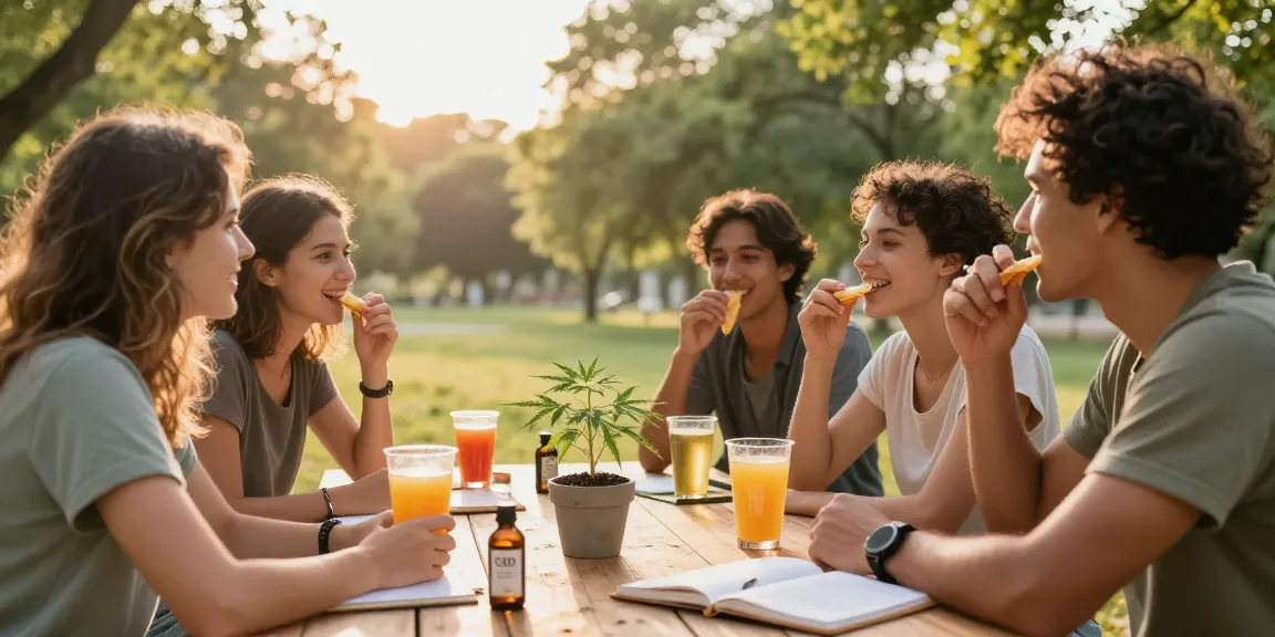 Ministry of Cannabis: Freunde genießen CBD-Öl und Snacks im Park für natürliche Wellness-Erlebnisse.
