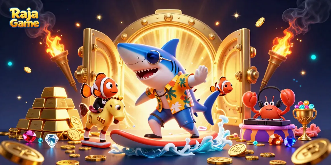 Surf exciting games on Raja Game with the 3D cartoon hammer-head shark and vibrant jewels.