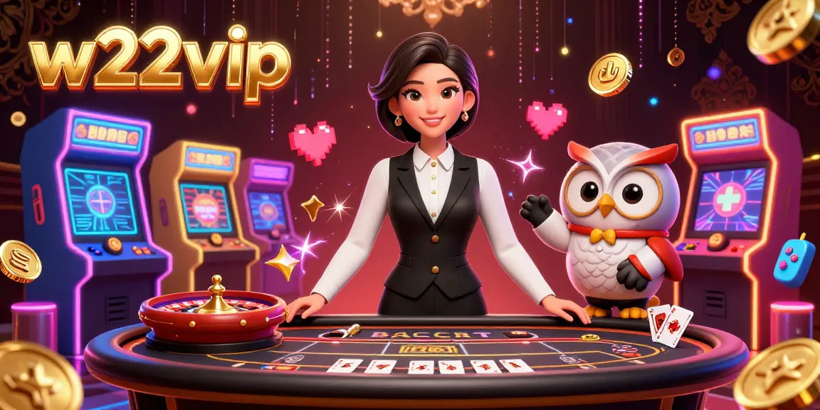 w22vip showcases an exciting baccarat scene with a friendly dealer and game elements for action-packed gambling.
