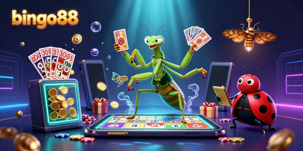 Gambar bingo88 menampilkan karakter unik dalam suasana bermain dengan koin emas dan kartu bingo.