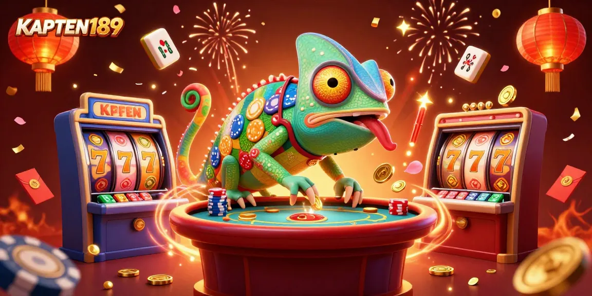 Menangkan jackpot di KAPTEN189 dengan chameleon pemilik kasino dan simbol keberuntungan.