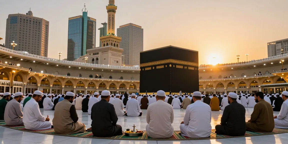 Umroh Ramadhan experience at Masjidil Haram with pilgrims sharing moments of faith, vibrant atmosphere, and beautiful sunset lighting.