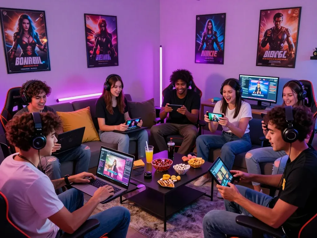 Engaged group of gamers enjoying sex games online on various devices in a vibrant gaming setup featuring neon lights and snacks.