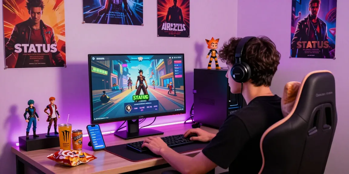 Engaged player navigating the status game on a vibrant gaming setup with fandom collectibles.