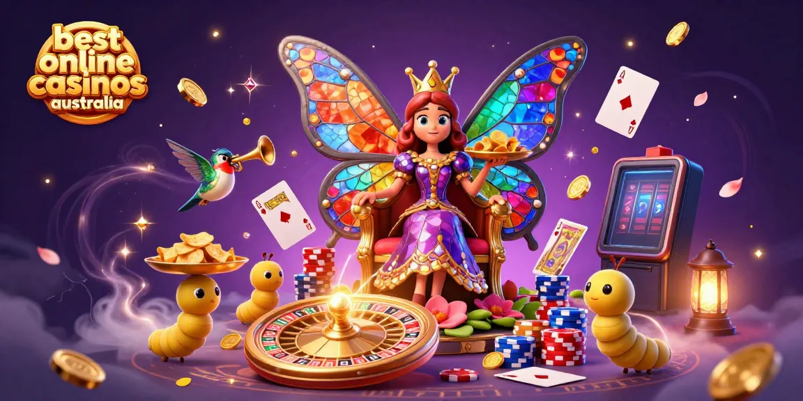 Experience the magic of the best online casinos australia with a vibrant 3D casino scene featuring a butterfly queen.