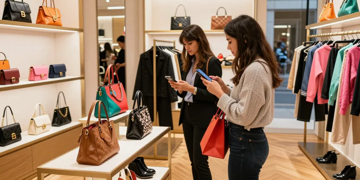 Customer exploring premium 레플리카 쇼핑몰 with stylish handbags, modern boutique setup, vibrant fashion.