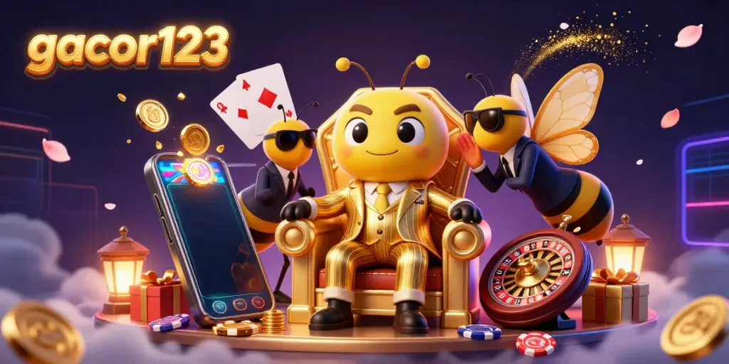 Engage with gacor123's vibrant slot world featuring a bumblebee mob boss and dynamic game elements.