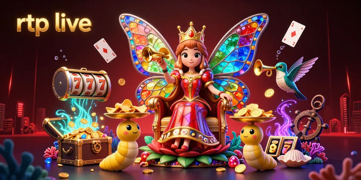 Experience rtp live with a vibrant 3D casino scene featuring a queen and slot symbols.