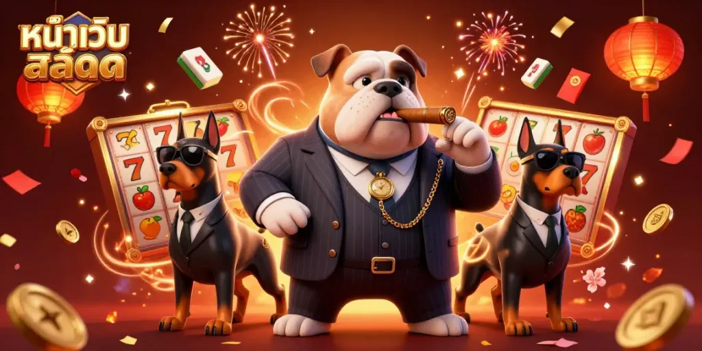 Play exciting slots at หน้าเว็บสล็อต with a vibrant 3D casino scene featuring a bulldog mobster and festive elements.