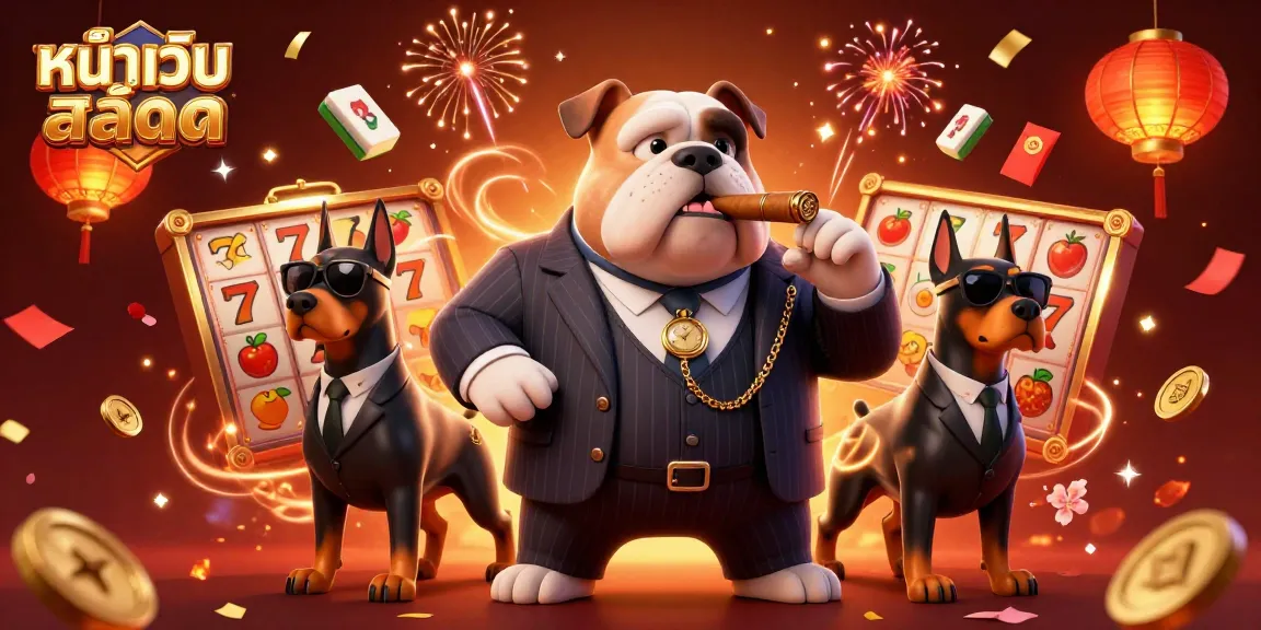Play exciting slots at หน้าเว็บสล็อต with a vibrant 3D casino scene featuring a bulldog mobster and festive elements.