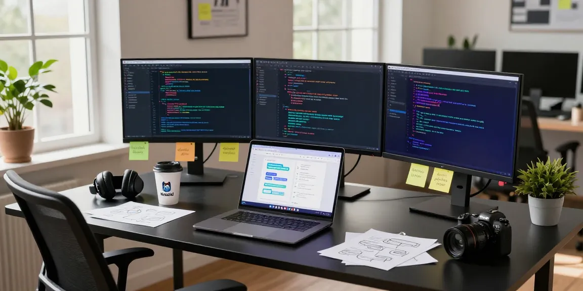 Developer interacting with koboldai on multiple screens in a modern workspace design.