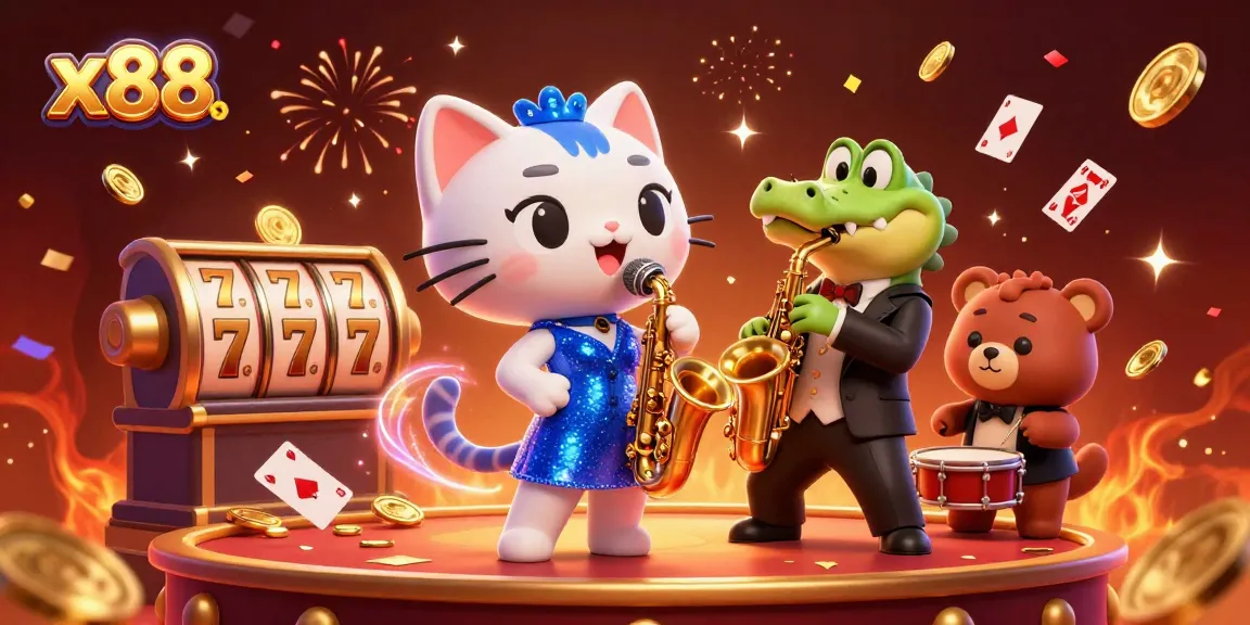 x88 engages players with vibrant casino entertainment, showcasing a scene filled with lively characters and gambling elements.