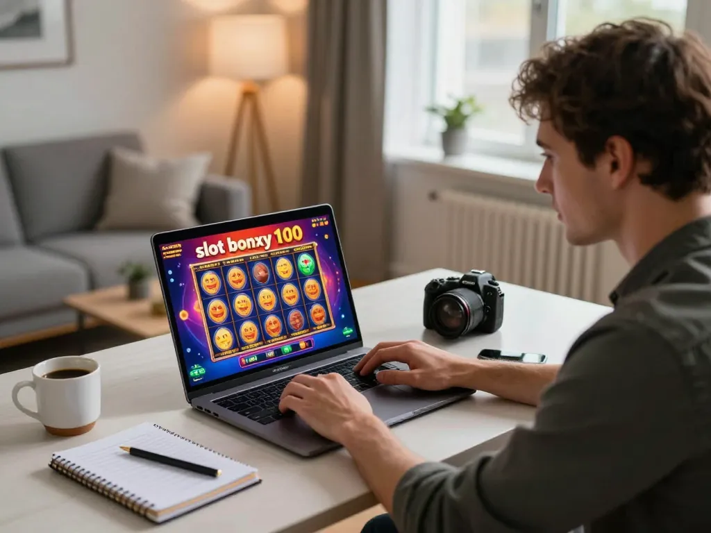 Player engaging with a slot bonus 100 on their laptop at a stylish home office desk.