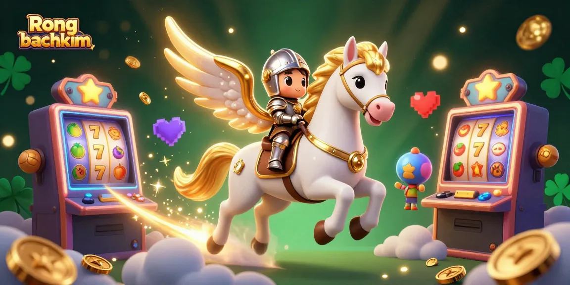Play Rong bachkim with dynamic slot machines, golden horse, and knight in a vibrant casino scene.