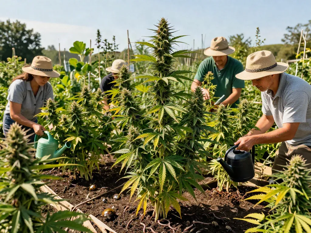 Thriving outdoor garden scene with lso weed plants being cared for by growers.
