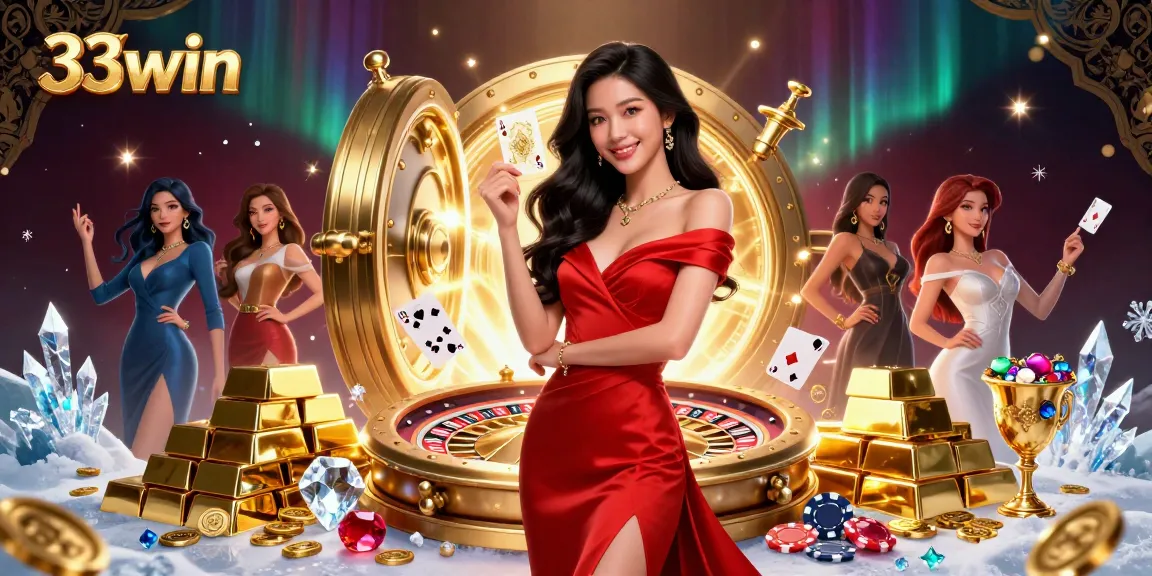 Engage in thrilling gaming experiences at 33win, featuring an elegant woman by a golden roulette wheel surrounded by treasure.