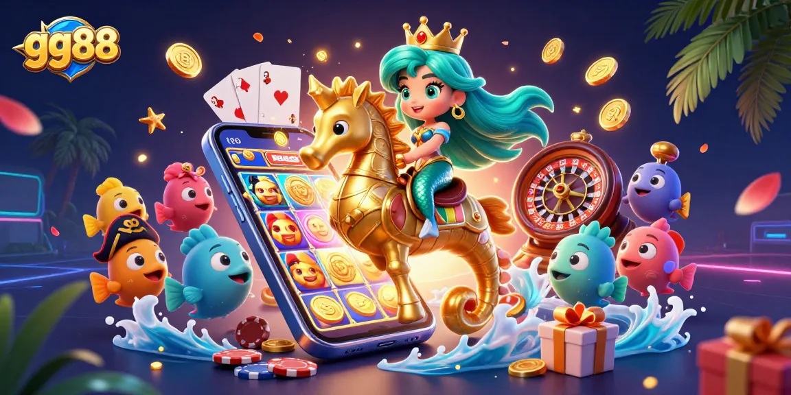 Win exciting games at gg88 with a vibrant 3D illustration of a mermaid princess and casino elements.