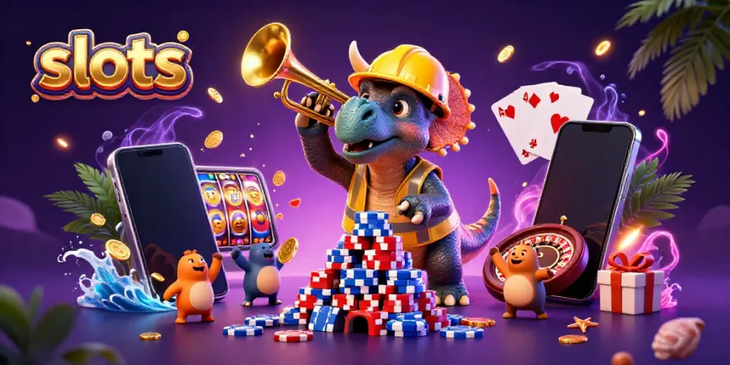 Experience thrilling slots with cartoon dinosaurs creating excitement in a vibrant casino scene
