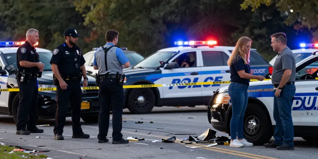 Cobb County DUI with accident scene showing police officers examining an accident with caution tape and emergency lights flashing.