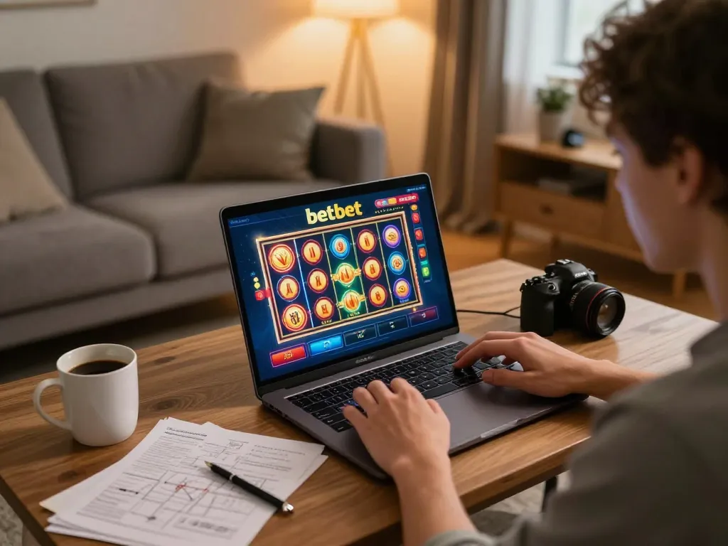 Player engaging with the betbet app in an exciting online gaming setup at home, showing dynamic slot games on screen.